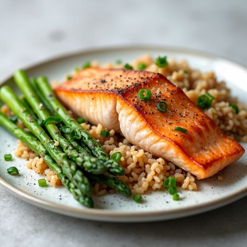 Seared Salmon with Steamed Asparagus and Brown Rice