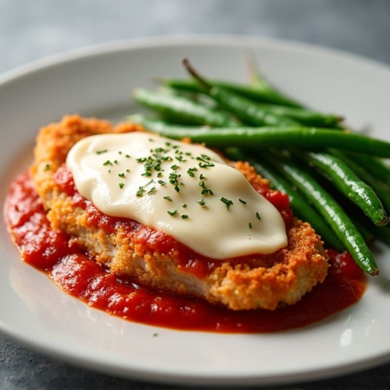 Crispy Baked Chicken Parmesan with Marinara and Roasted Green Beans