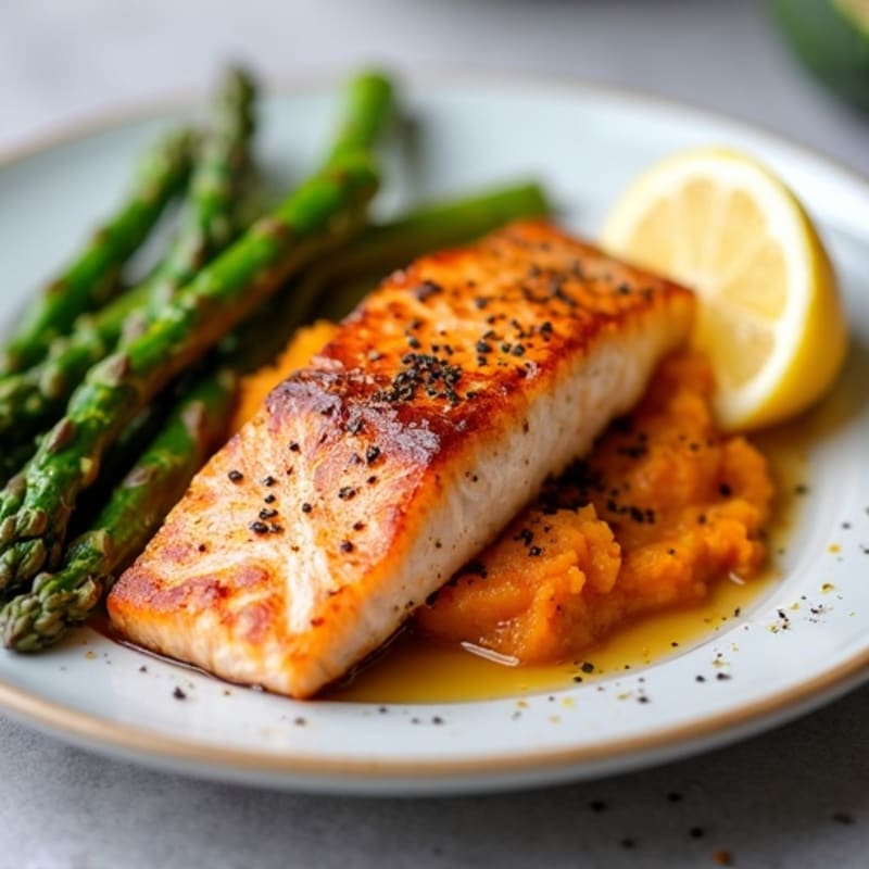 Seared Salmon Fillet with Roasted Asparagus and Sweet Potato Mash