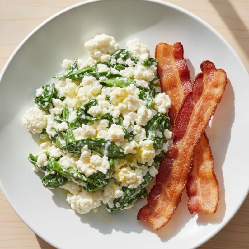 Cottage Cheese Egg White Scramble with Spinach and Turkey Bacon