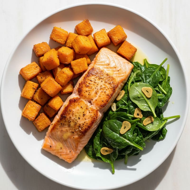 Seared Salmon with Garlic Sautéed Spinach and Roasted Sweet Potato