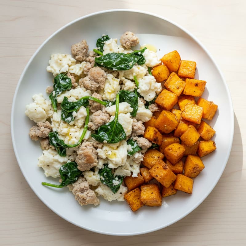 Egg White and Turkey Spinach Scramble with Roasted Sweet Potato