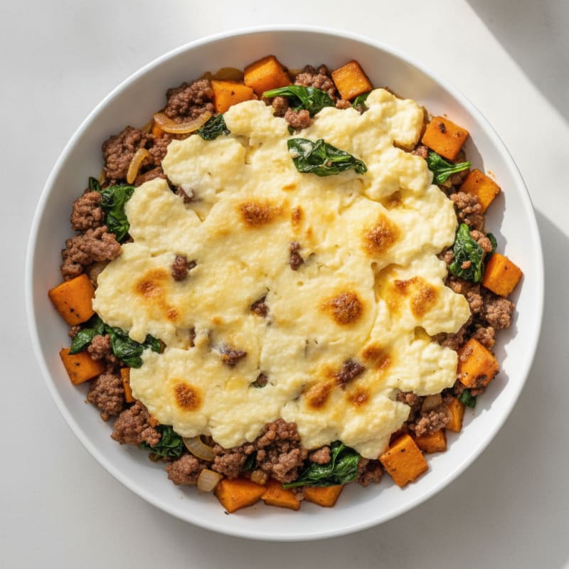 Sweet Potato Ground Beef Cottage Cheese Bake
