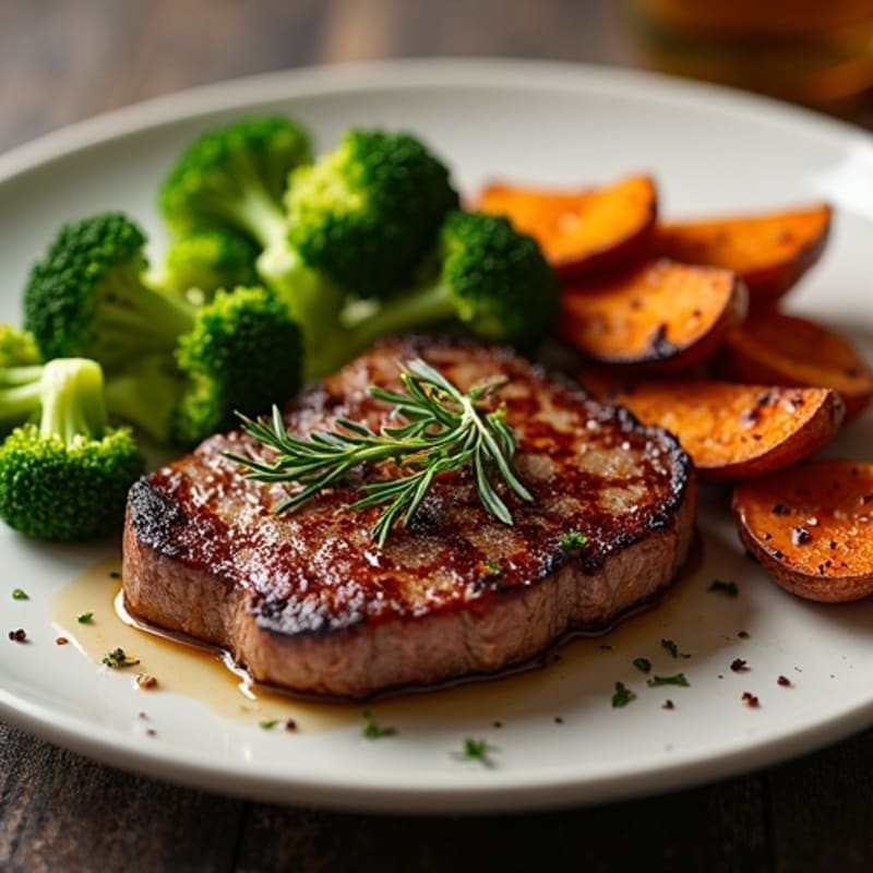 Seared Beef Steak with Steamed Broccoli and Roasted Sweet Potato Wedges