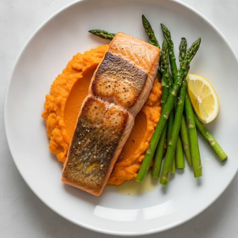 Seared Salmon with Roasted Asparagus and Sweet Potato Mash