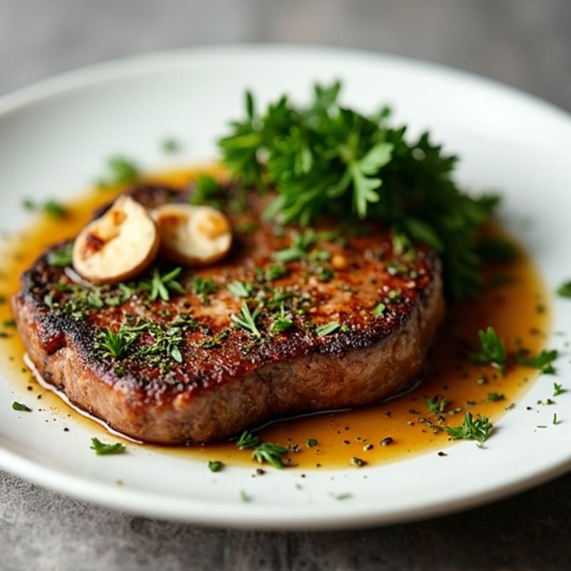 Herb-Crusted Pan Seared Steak with Roasted Garlic