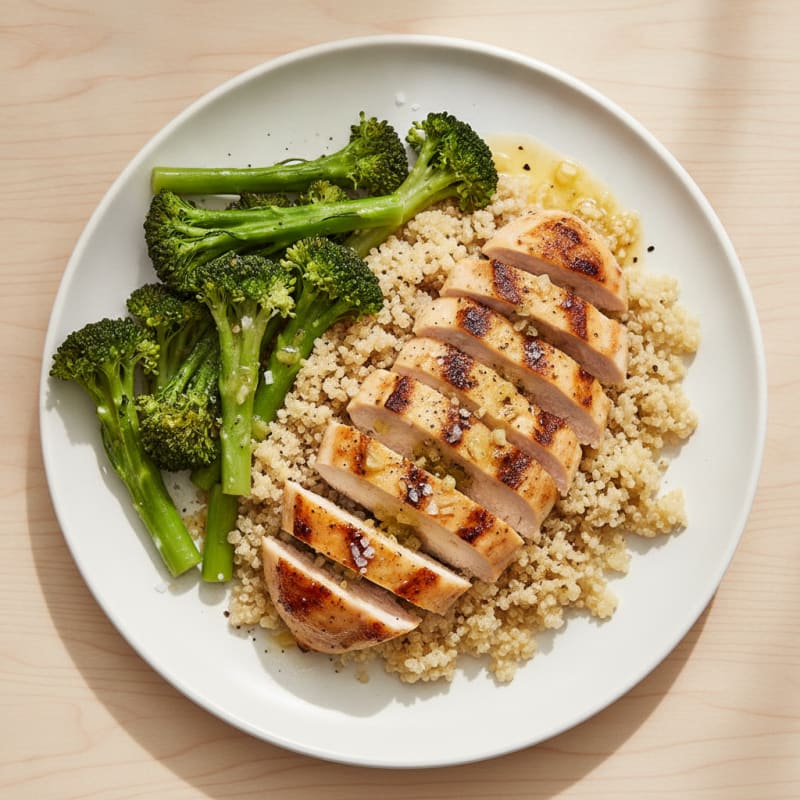Grilled Lemon-Garlic Chicken Breast with Quinoa and Steamed Broccoli
