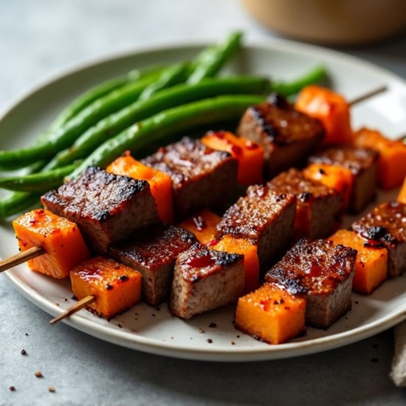 BBQ Steak Kabobs with Roasted Sweet Potatoes and Crispy Green Beans