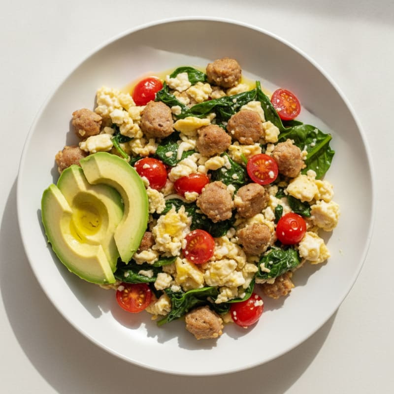 Egg White and Turkey Sausage Scramble with Spinach and Tomatoes
