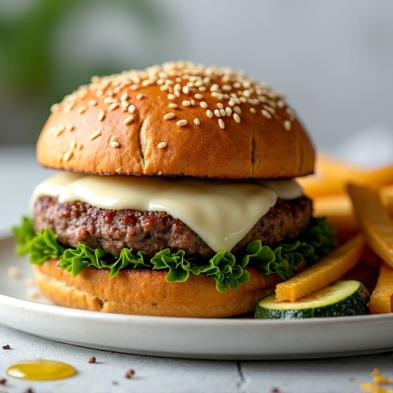 Lean Beef Burger with Melted Mozzarella and Crispy Baked Zucchini Sticks