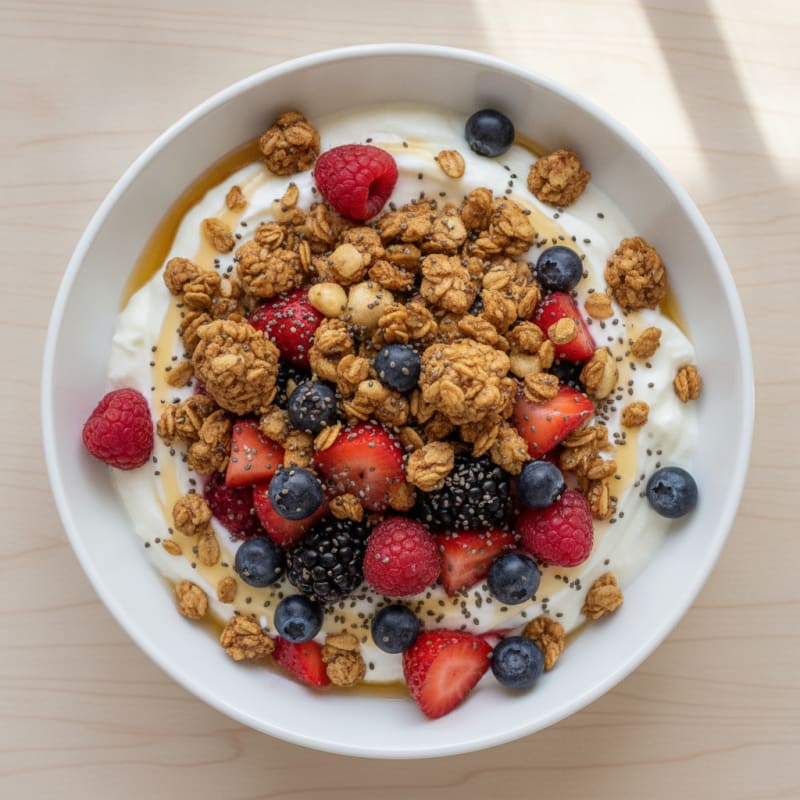 Greek Yogurt Bowl with Granola, Mixed Berries, and Chia Seeds