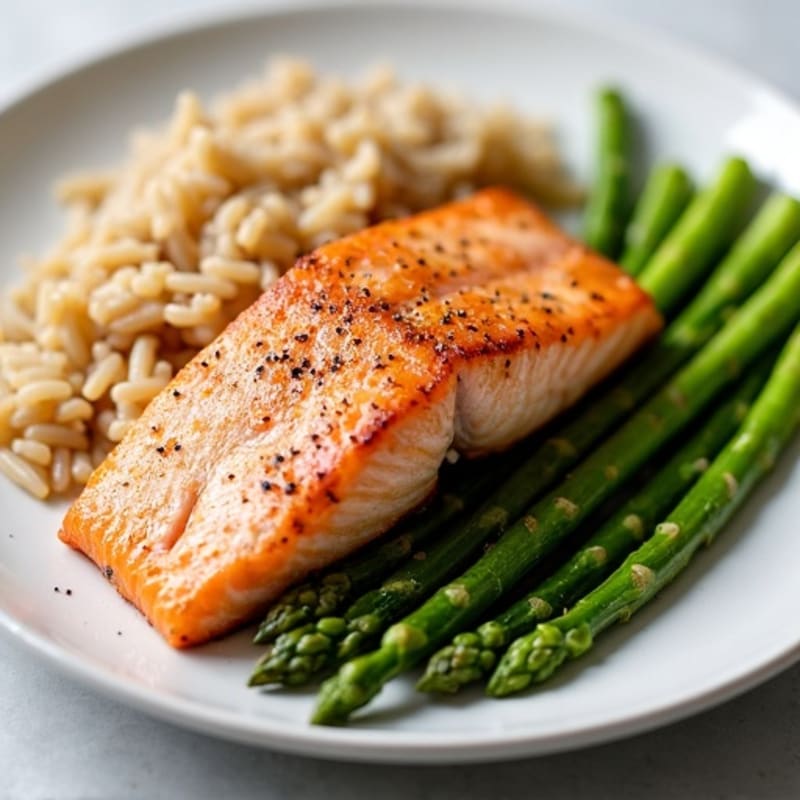 Seared Salmon with Steamed Asparagus and Brown Rice