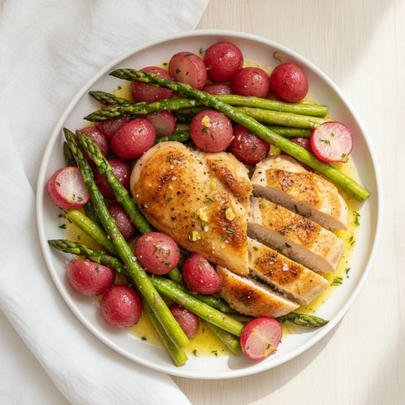 Roasted Radish and Asparagus Medley with Lemon-Herb Chicken