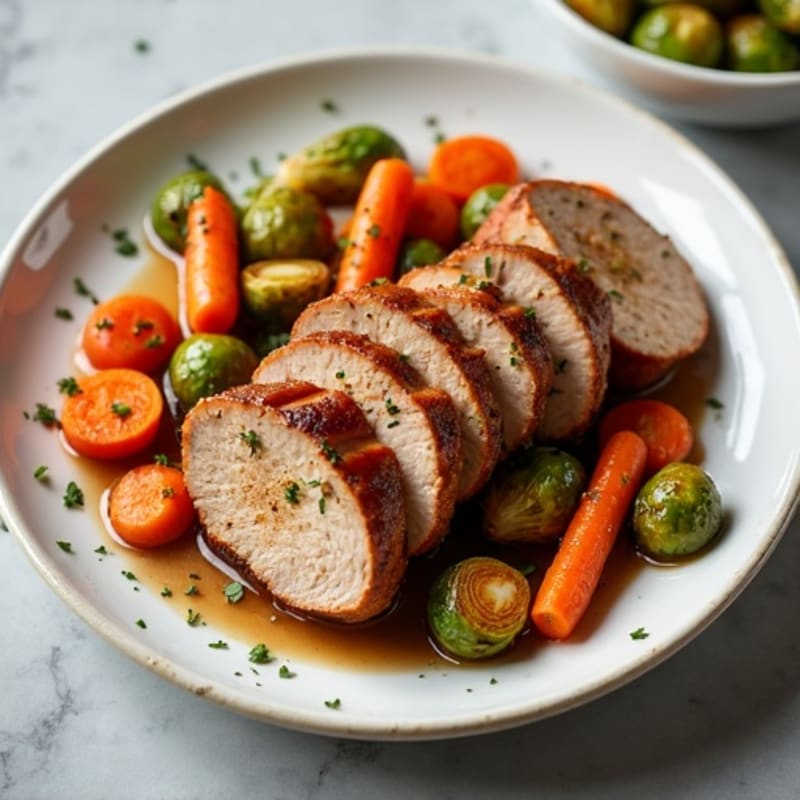 Maple-Glazed Pork Tenderloin with Roasted Carrots and Crispy Brussels Sprouts