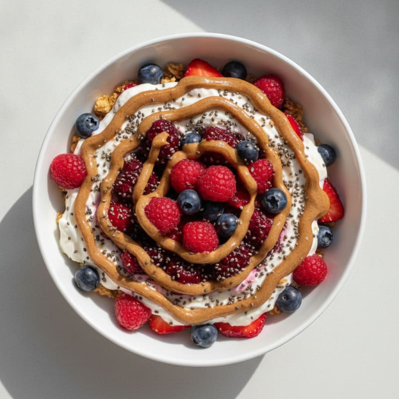 Greek Yogurt Protein Parfait with Mixed Berries and Almond Butter