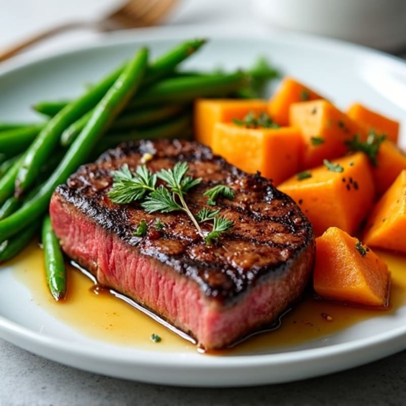 Seared Lean Beef with Roasted Sweet Potatoes and Green Beans
