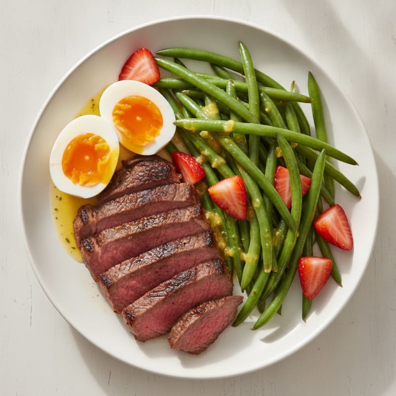 Seared Sirloin Steak with Steamed Green Beans and Greek Yogurt Sauce