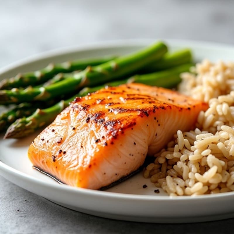 Seared Salmon Fillet with Steamed Asparagus and Brown Rice