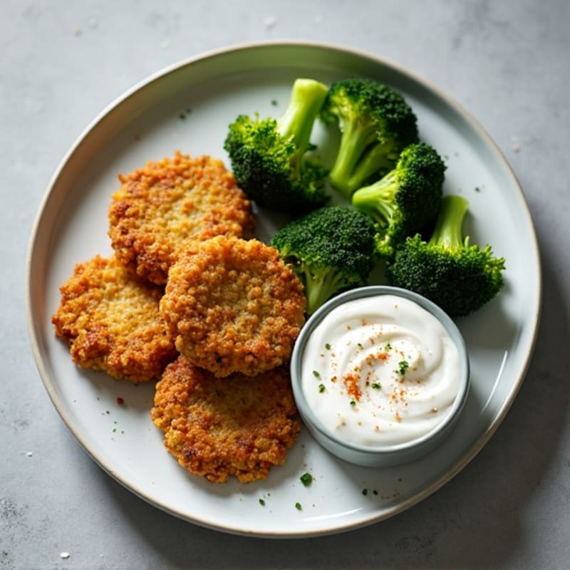 Crispy Lentil Patties with Greek Yogurt Sauce and Roasted Broccoli