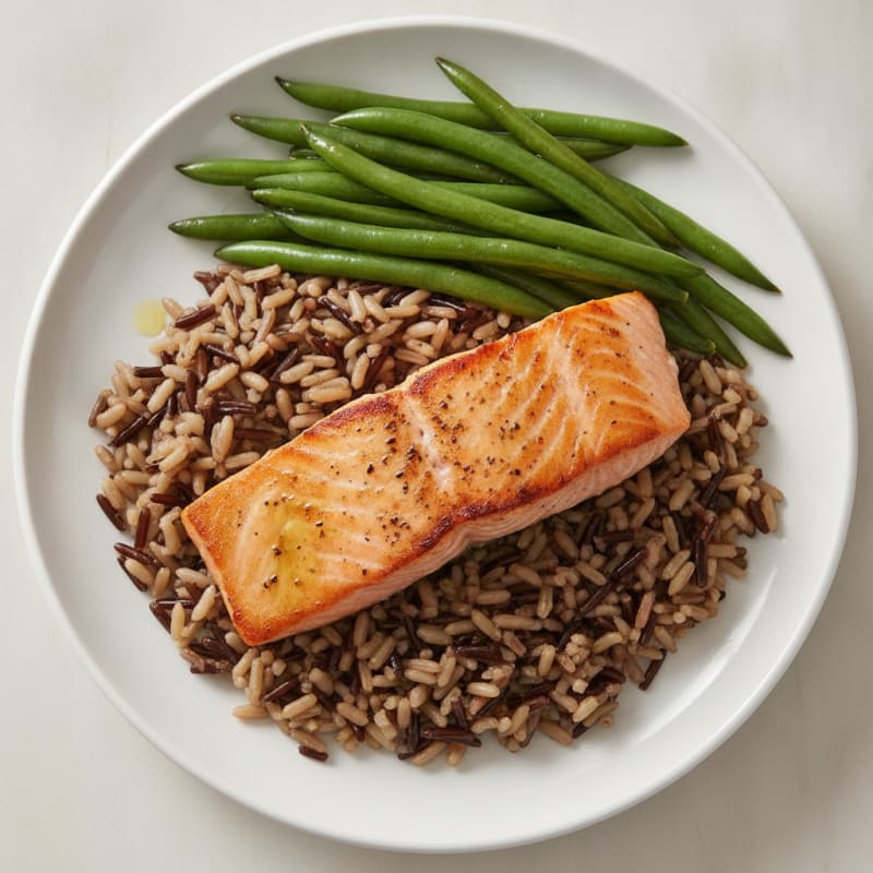 Seared Salmon Filet with Steamed Green Beans and Wild Rice