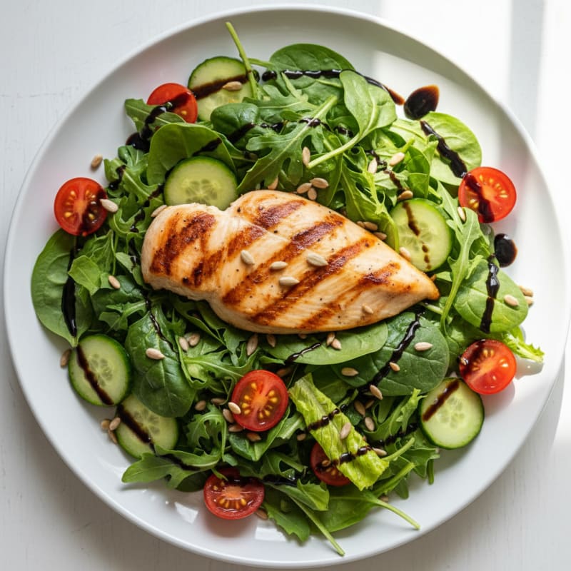 Grilled Chicken Breast over Fresh Greens Salad with Balsamic Vinaigrette