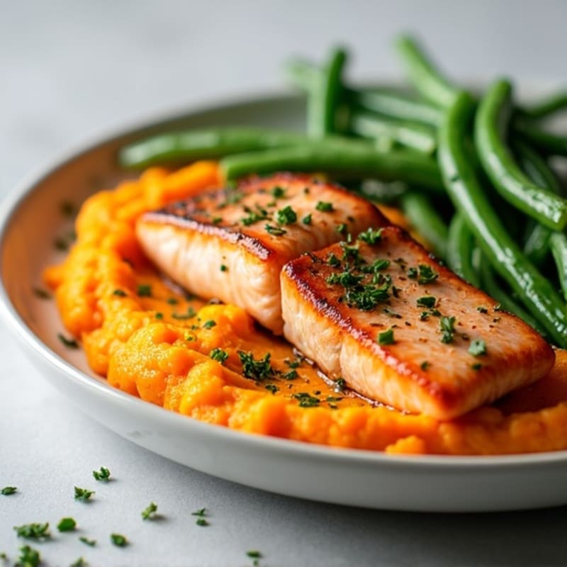 Seared Salmon with Garlic Green Beans and Sweet Potato Mash