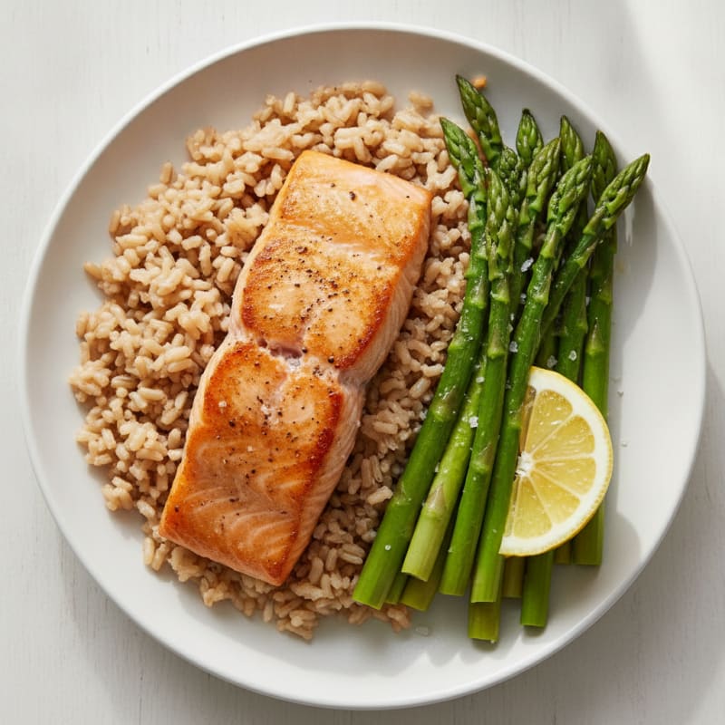 Seared Salmon with Steamed Asparagus and Brown Rice