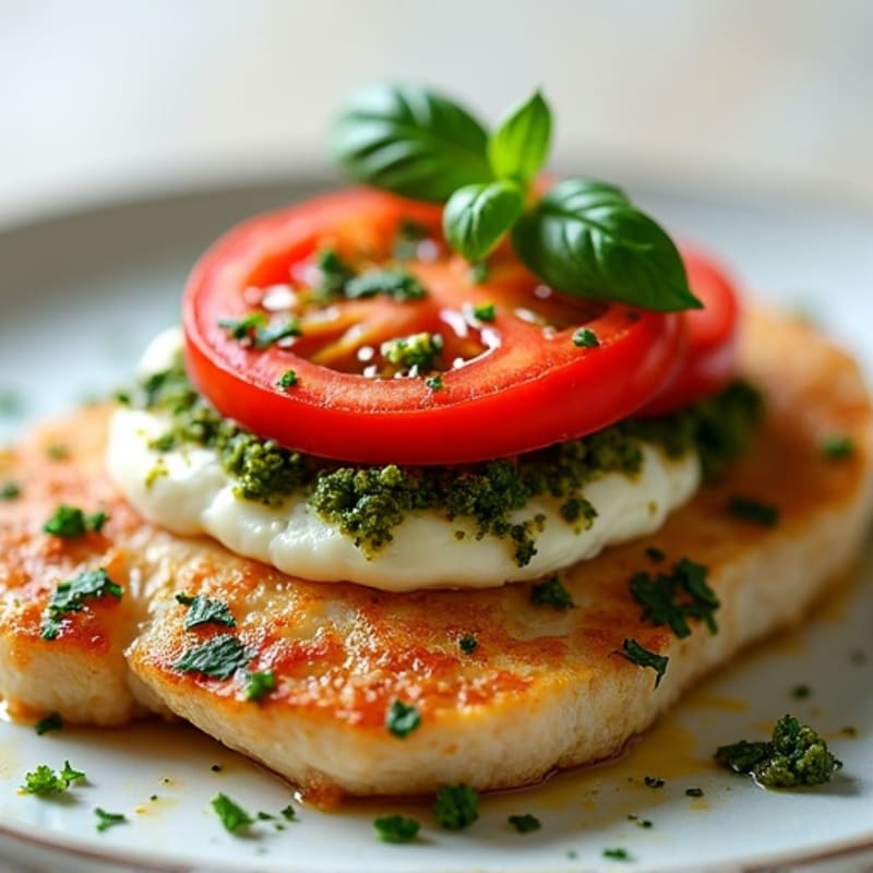 Pan-Seared Chicken with Fresh Tomato, Mozzarella, and Basil Pesto