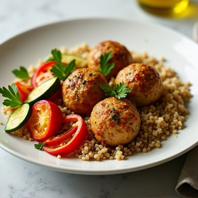 Tender Herb Chicken Meatballs with Roasted Vegetables and Quinoa