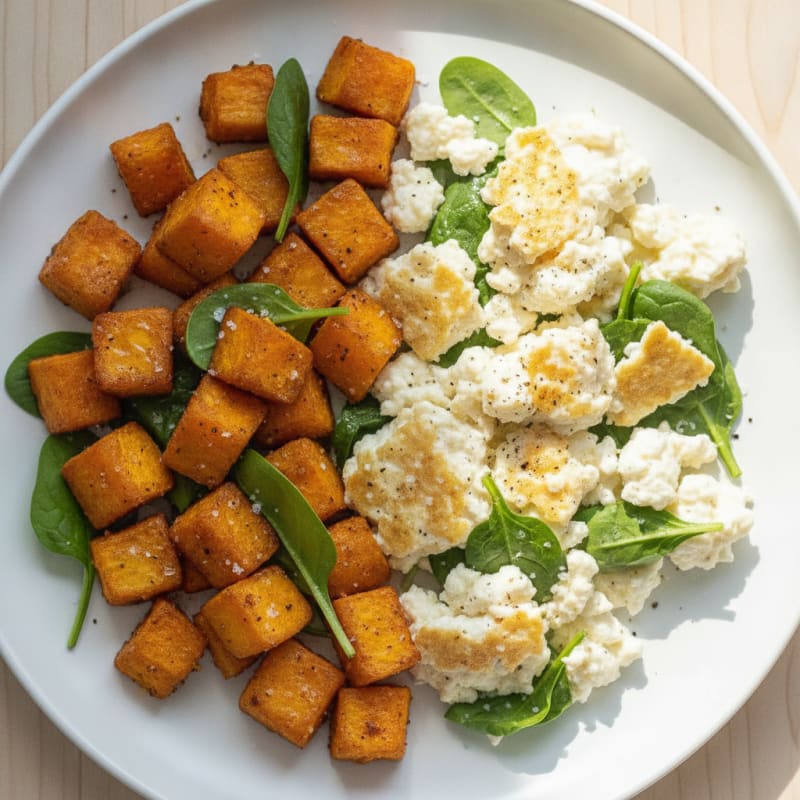 Scrambled Egg Whites with Cottage Cheese and Roasted Sweet Potato
