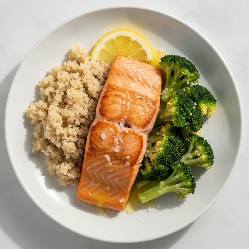 Seared Salmon Fillet with Steamed Broccoli and Quinoa