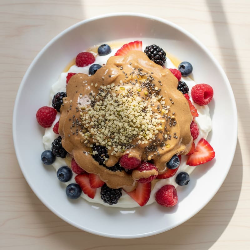 Greek Yogurt Protein Parfait with Mixed Berries and Almond Butter