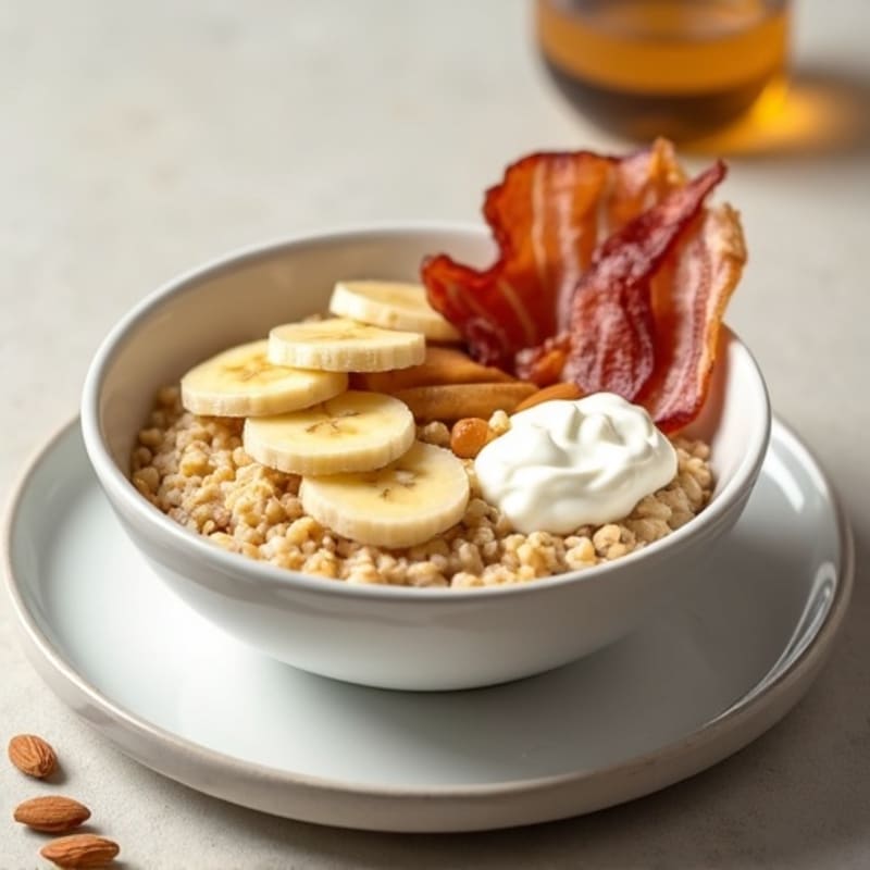 Creamy Oats with Sliced Banana, Almond Butter, Greek Yogurt and Turkey Bacon