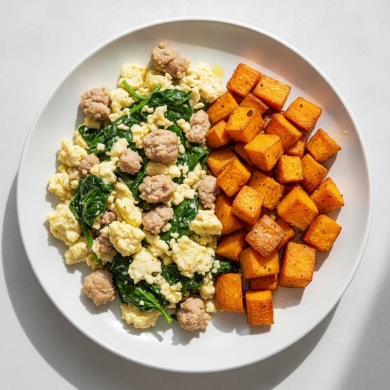 Egg White and Turkey Sausage Scramble with Spinach and Roasted Sweet Potatoes