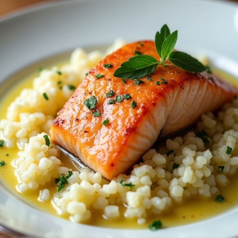 Creamy Garlic Butter Pan-Seared Salmon with Cauliflower Rice
