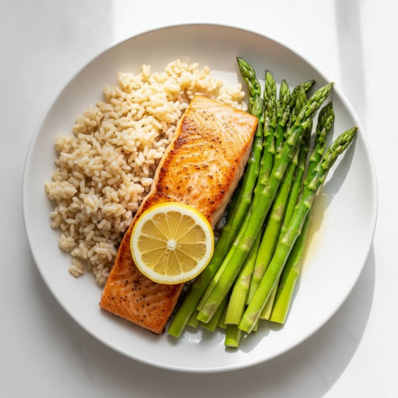 Seared Salmon with Steamed Asparagus and Brown Rice