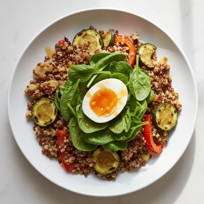 Crispy Lentil and Quinoa Power Bowl with Grilled Vegetables