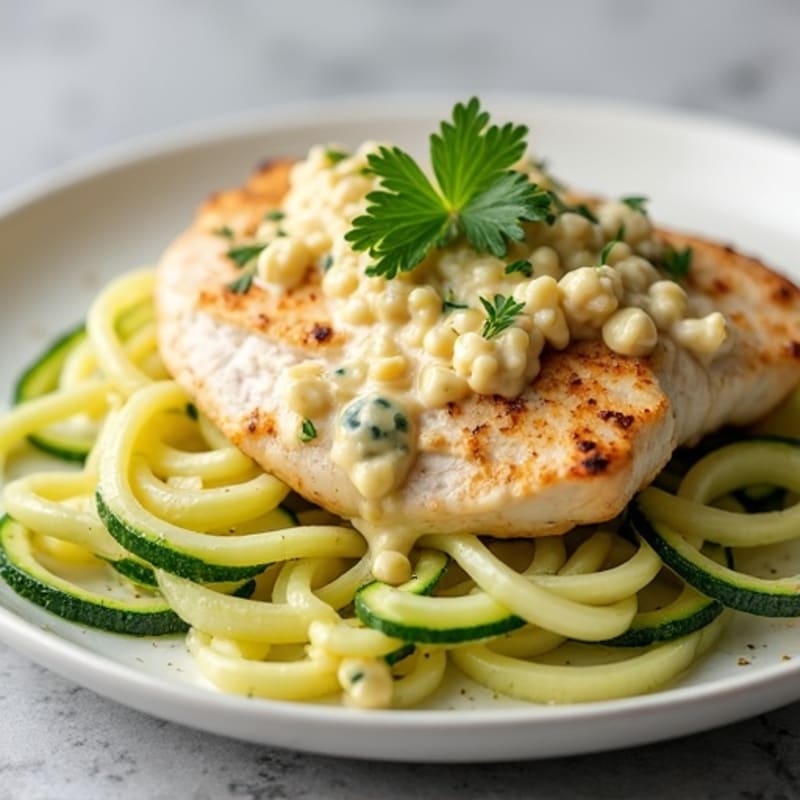 Creamy Cauliflower Alfredo Chicken with Zucchini Noodles