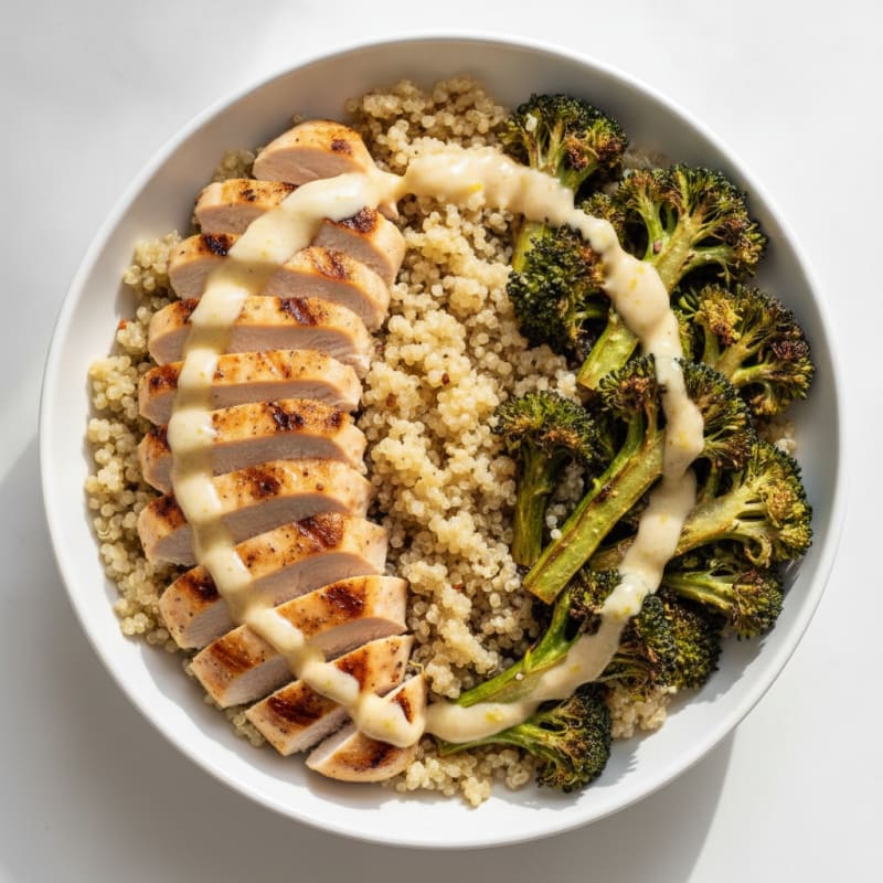 Grilled Chicken and Quinoa Power Bowl with Roasted Broccoli and Lemon Tahini Drizzle