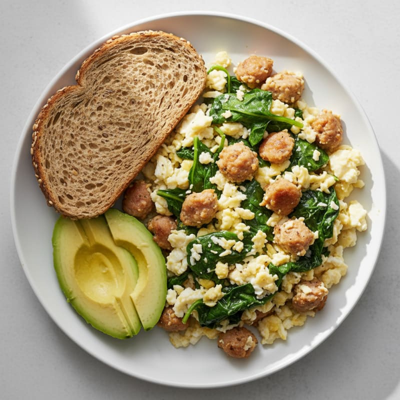 Egg White and Turkey Sausage Scramble with Sautéed Spinach