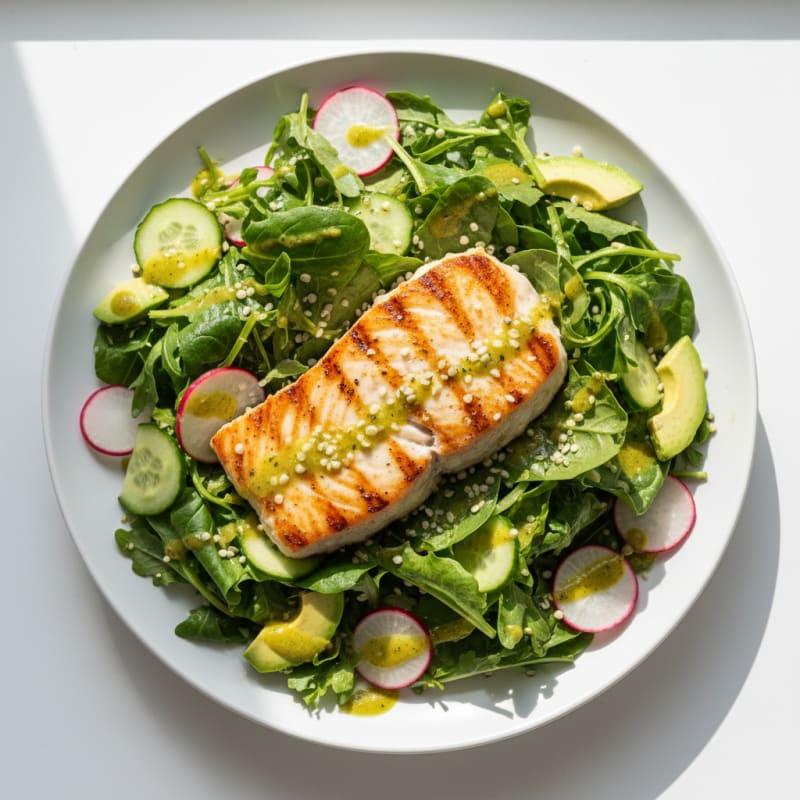 Grilled Fish Salad with Crunchy Greens