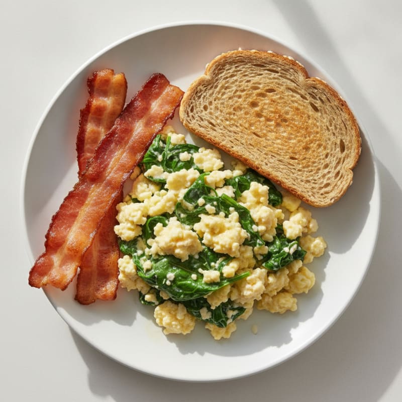 Cottage Cheese and Spinach Egg Scramble with Turkey Bacon