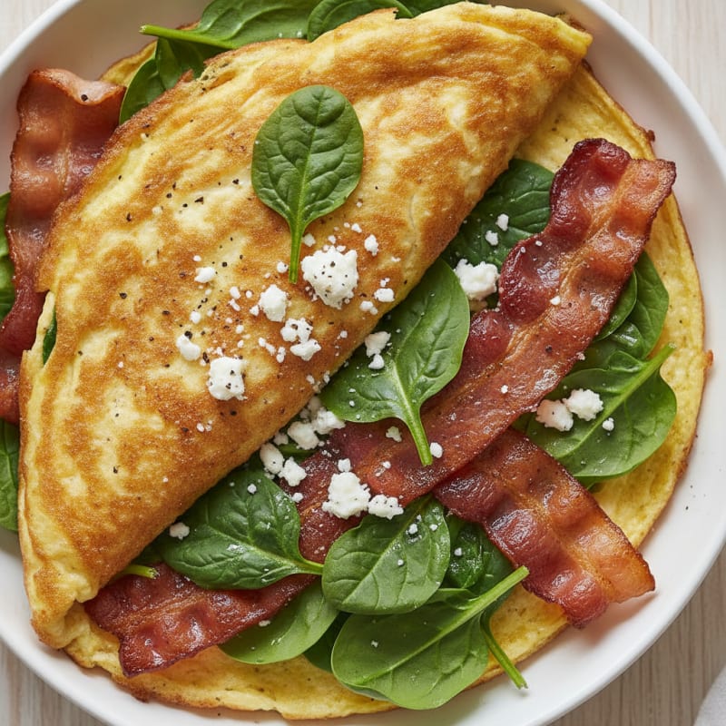Crispy Egg White Omelet with Turkey Bacon and Spinach