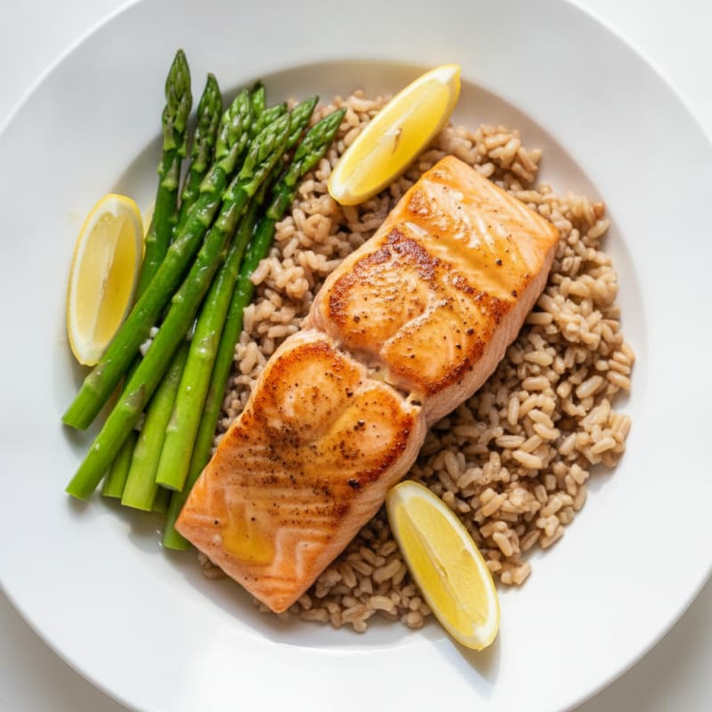 Seared Salmon with Steamed Asparagus and Brown Rice