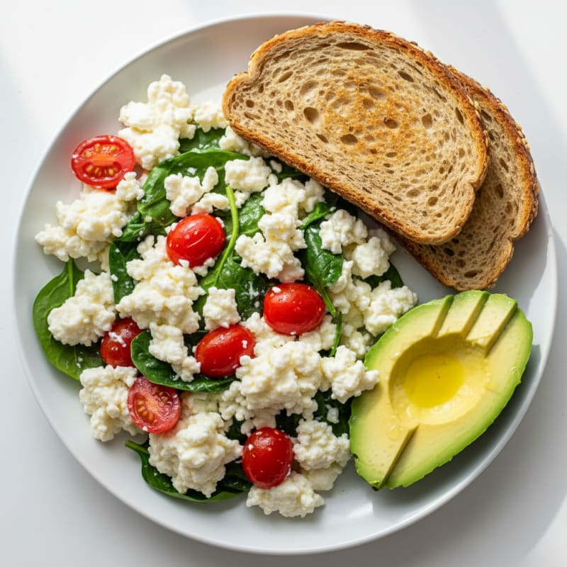 Egg White and Cottage Cheese Scramble with Spinach and Cherry Tomatoes
