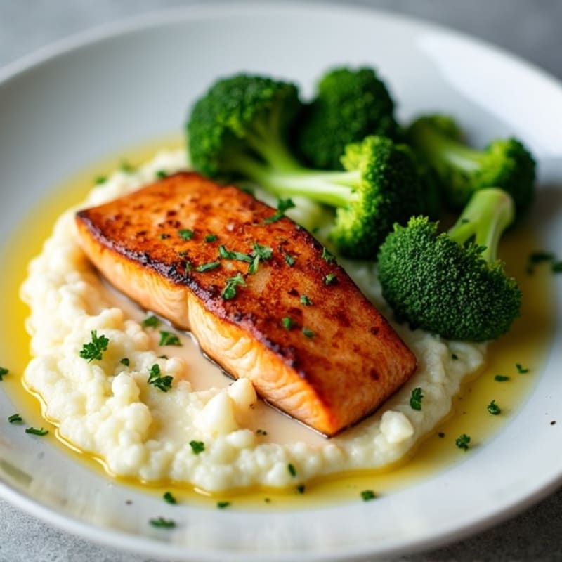 Seared Salmon with Steamed Broccoli and Garlic Cauliflower Mash