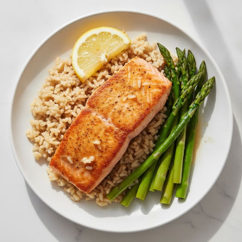Seared Salmon with Steamed Asparagus and Brown Rice
