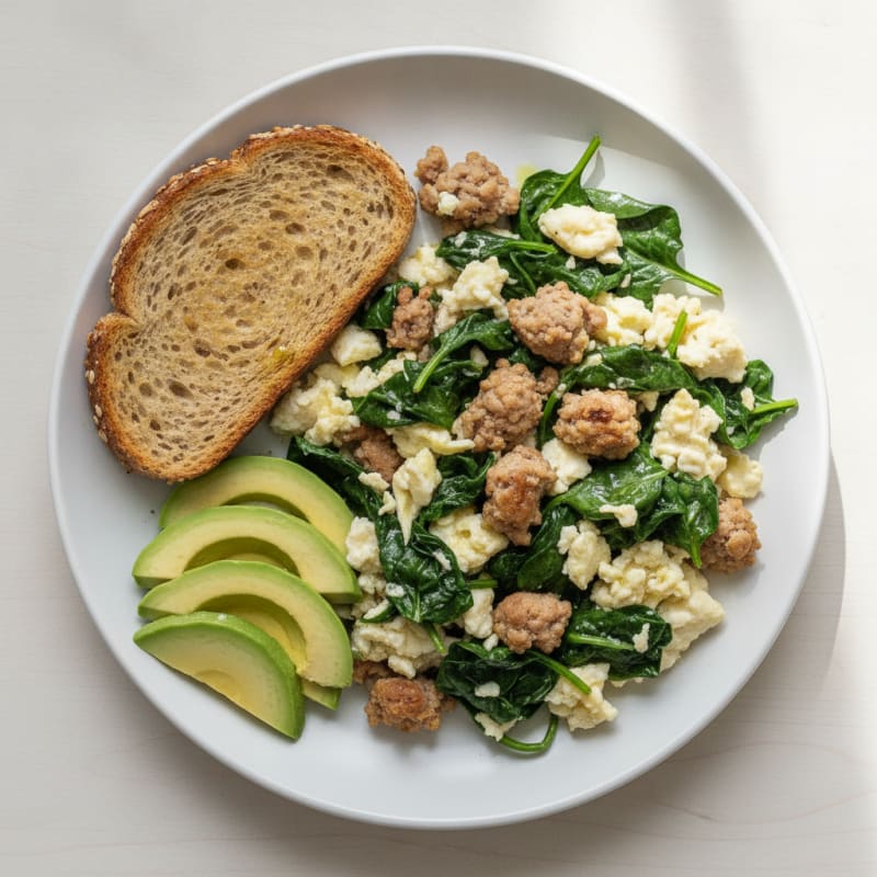 Egg White and Turkey Sausage Scramble with Sautéed Spinach