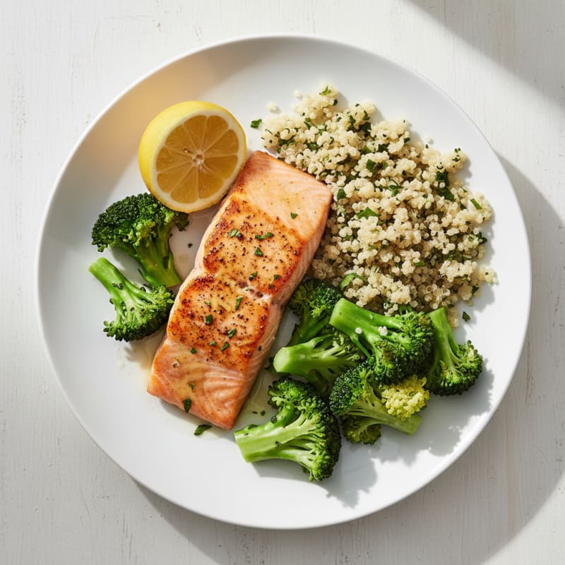 Seared Salmon Fillet with Steamed Broccoli and Quinoa