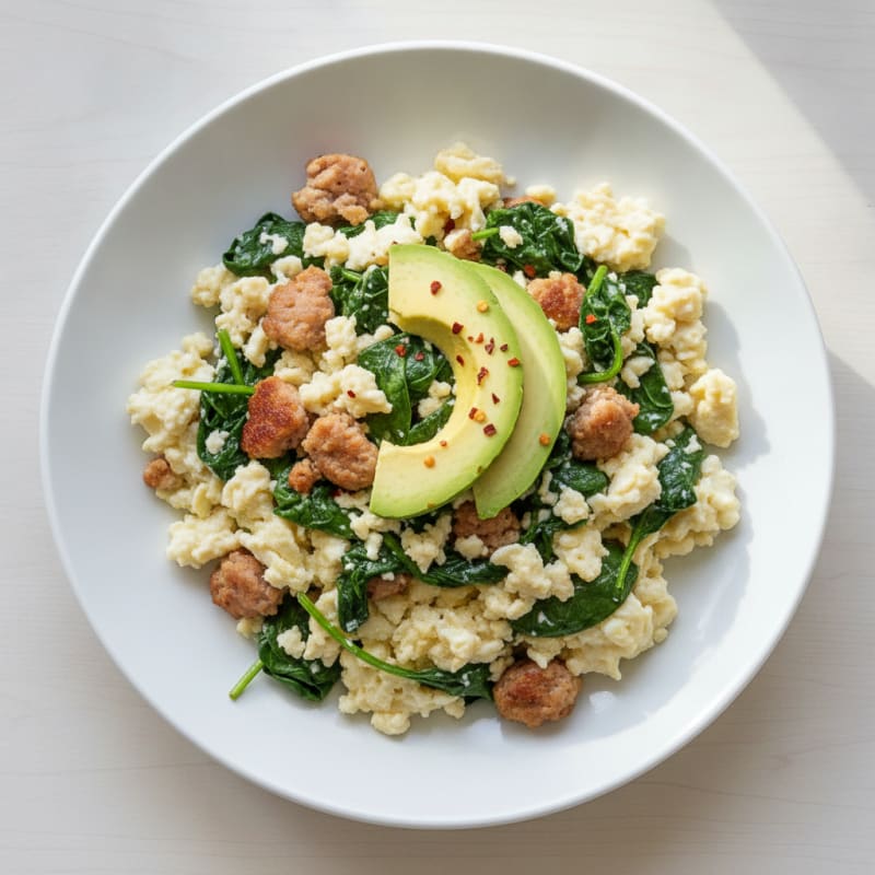 Egg White Scramble with Turkey Sausage and Sautéed Spinach